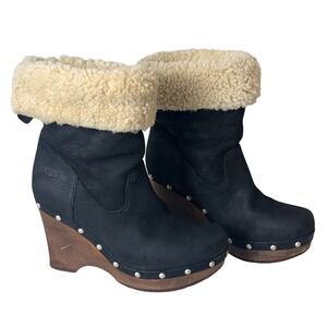 UGG Australia Black Leather Shearling Wedge Clog Boots Studded Wood Heel Size 7